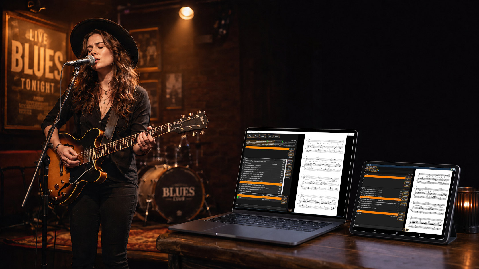 Musician performing while Planistage manages backing tracks and scores on laptop and Android tablet